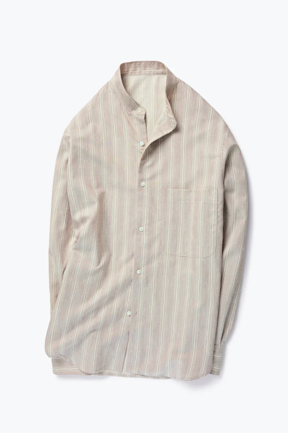 Band Collar Shirt - Cotton Silk Slub (Anise Multi Stripe)