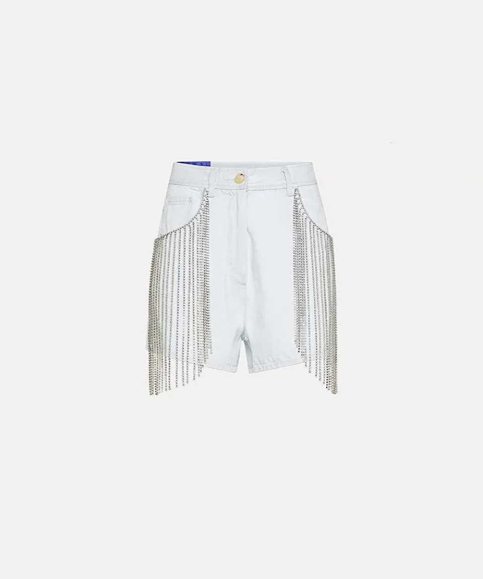 Bleached Denim Shorts with Diamond Fringe