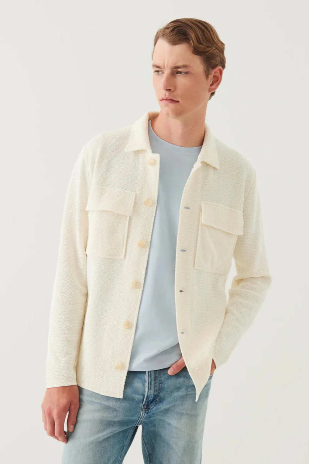 Button Front Patch Pocket Knit Jacket Off White