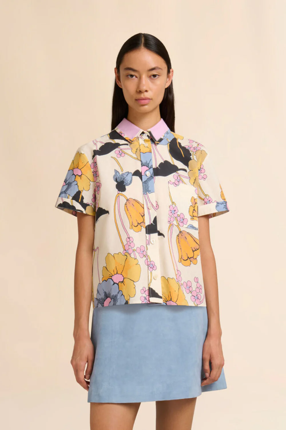 Cream Poplin Cropped Shirt with Melodia Print