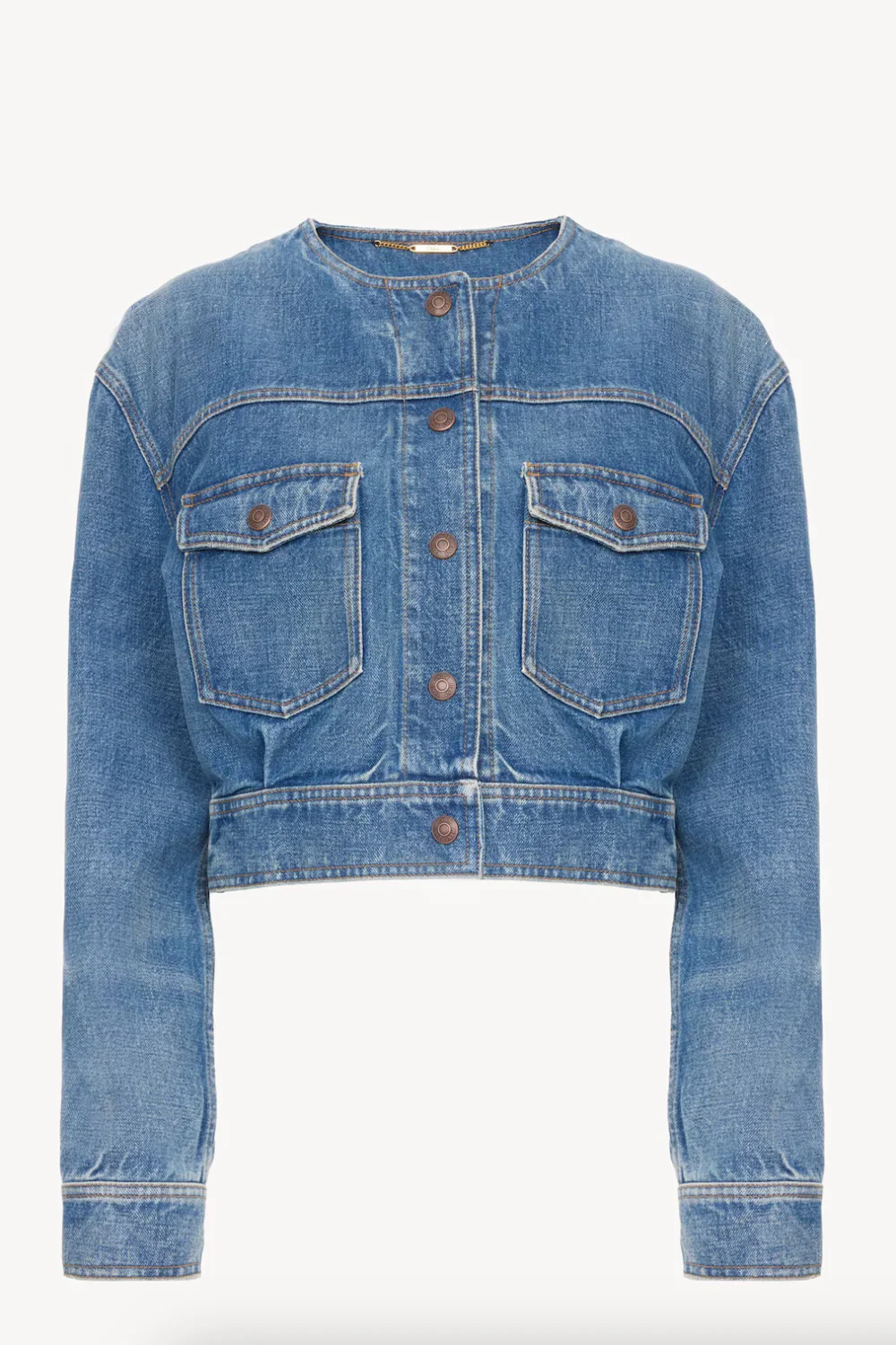 Collarless cropped jacket in denim