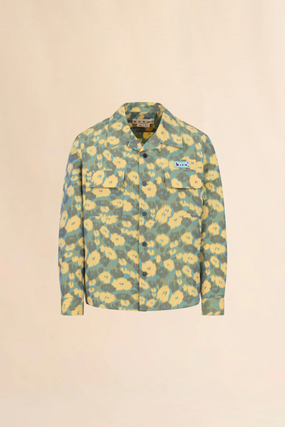 Green Linen Blend Shirt with Blurry Floral Print
