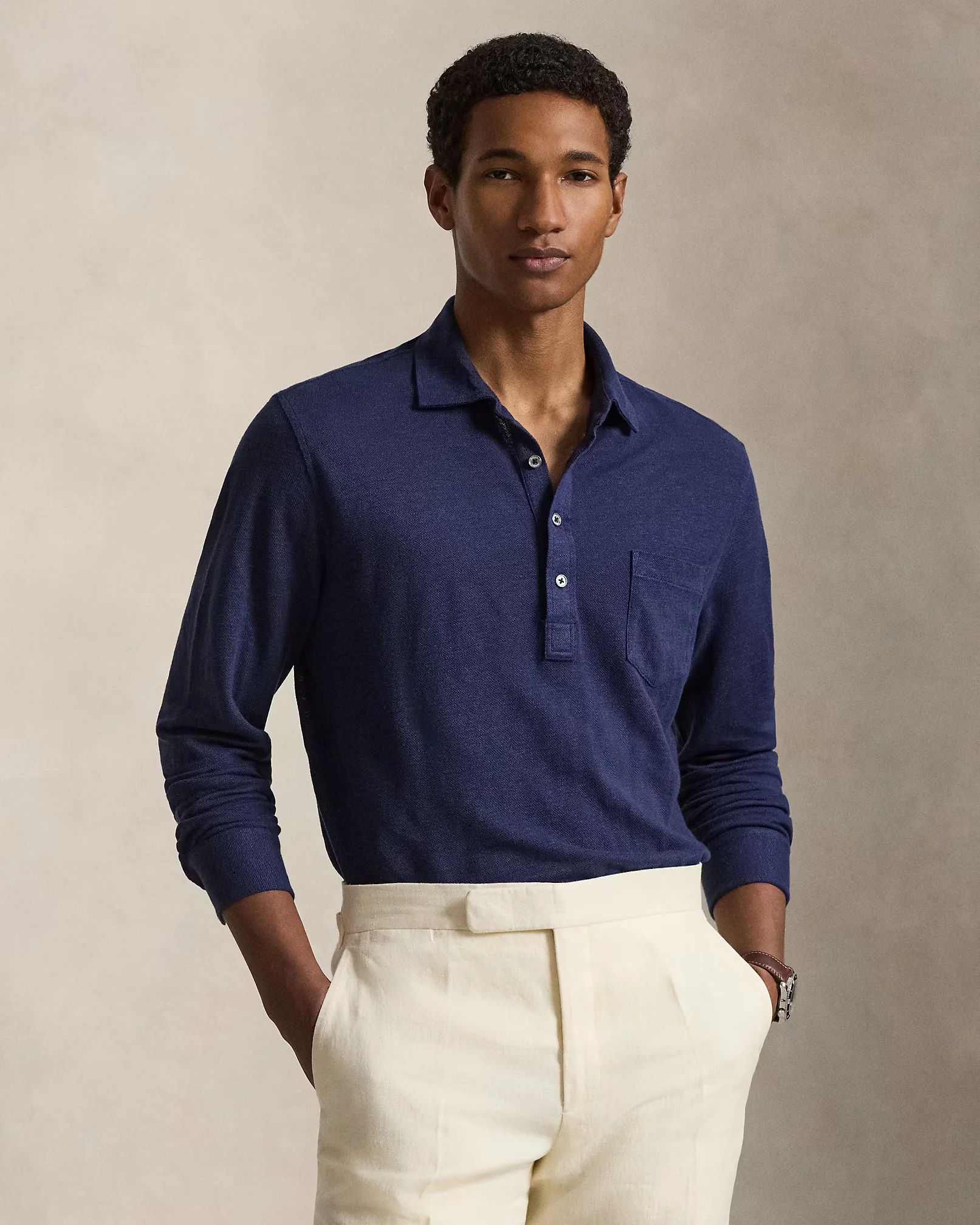 Linen Mesh Polo Shirt Navy - Image 2