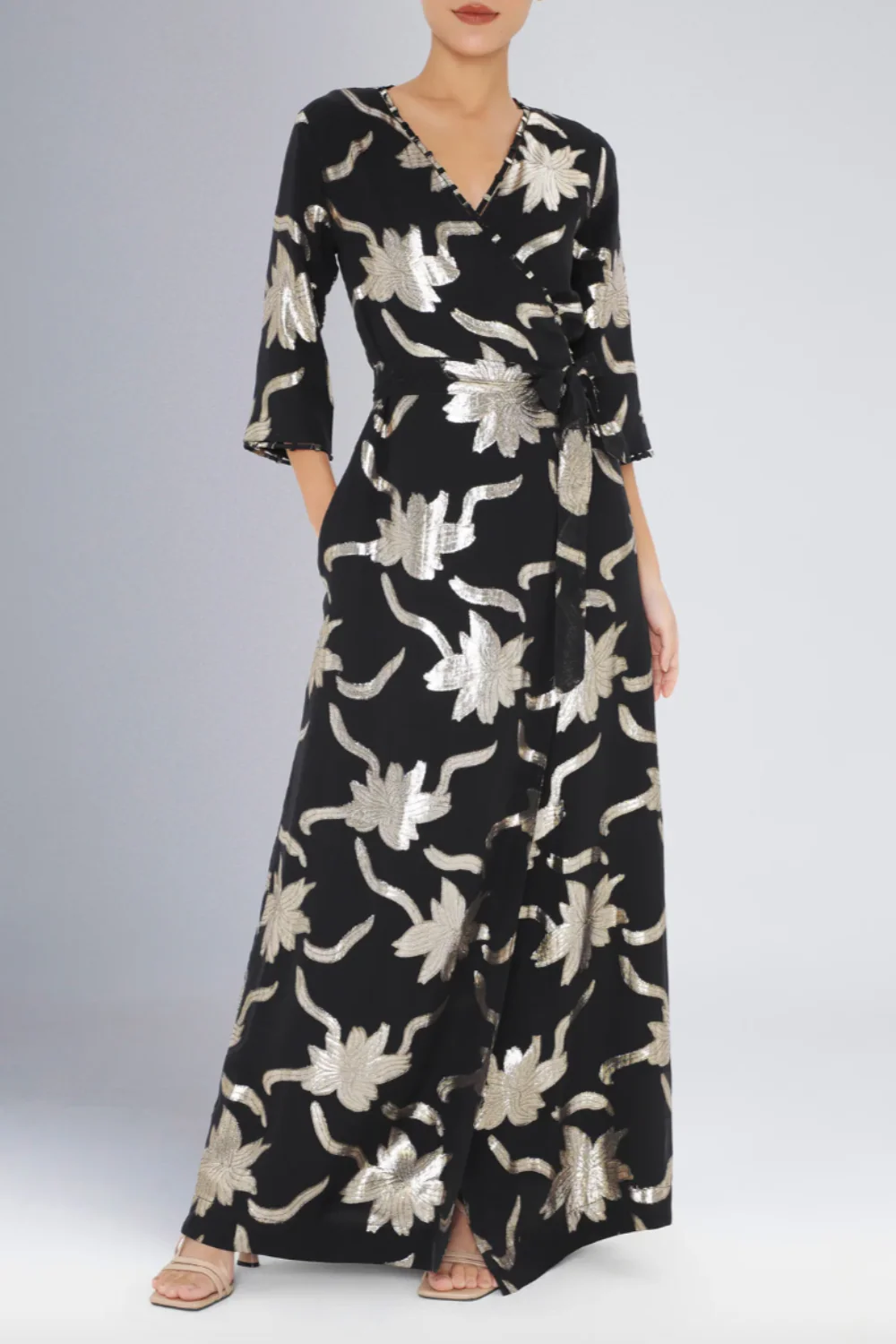Long Faye Wrap Dress in Black-Gold Flowers