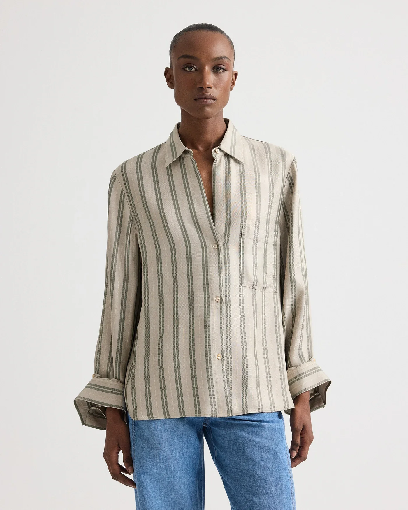 Next Morning Shirt in Fluid Regency Stripe Ivory/ Green - Image 2