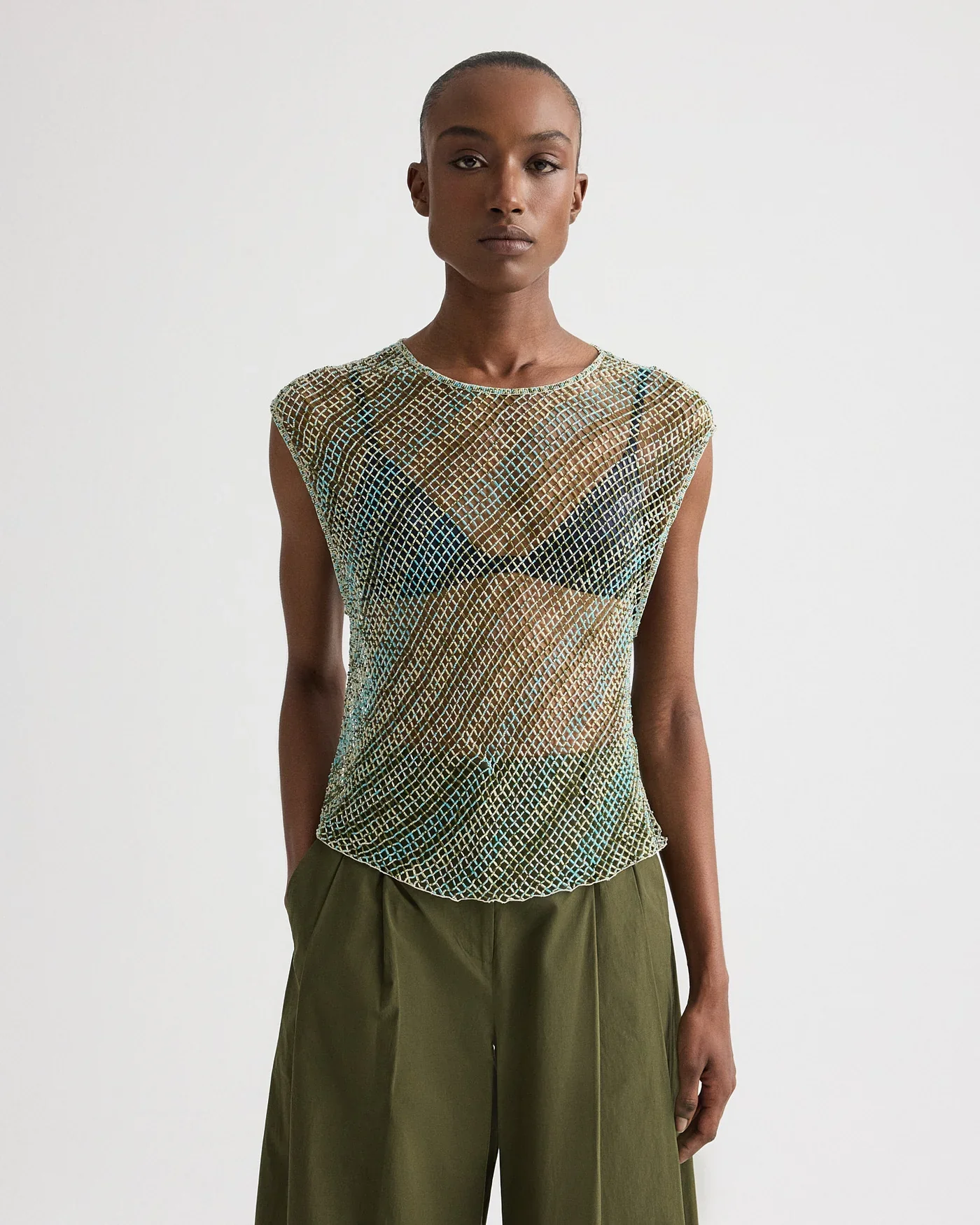 Oversized Muscle Tank in Bugle And Bead Net Fringe Green Multi - Image 2
