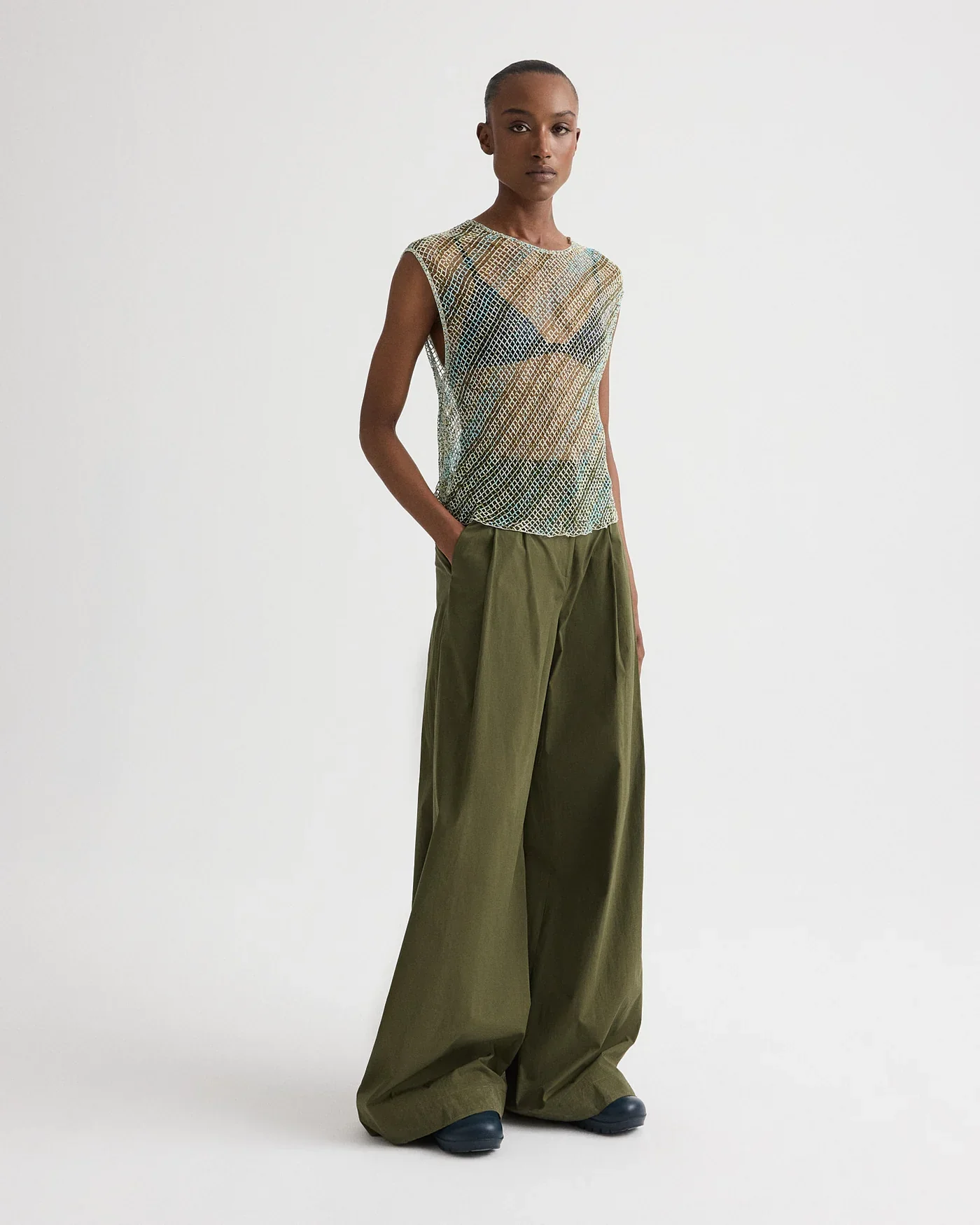 Oversized Muscle Tank in Bugle And Bead Net Fringe Green Multi - Image 3