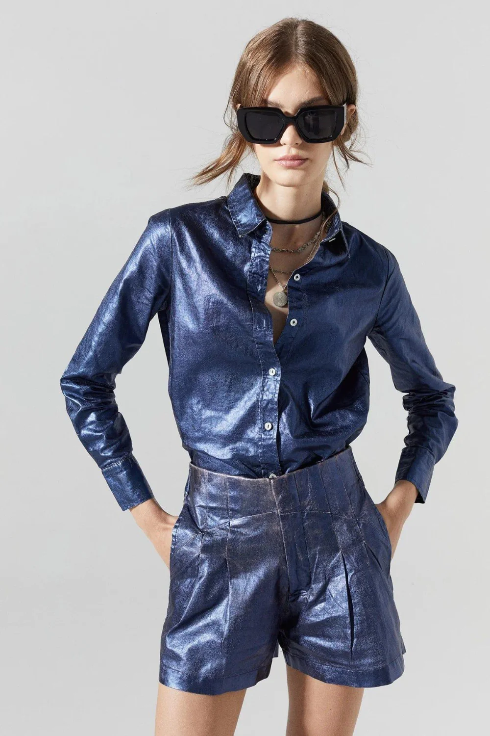 San Marino Metallic Linen Shirt Dark Blue
